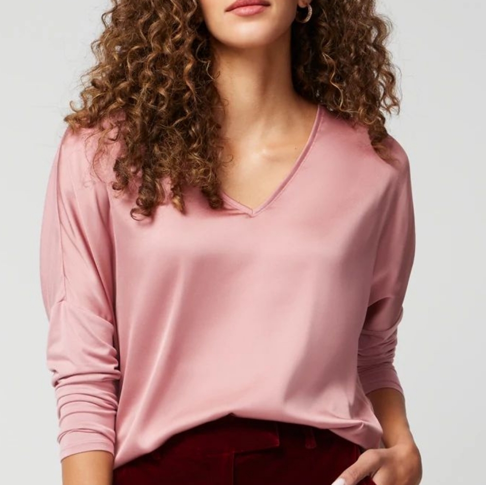 WHITE HOUSE BLACK MARKET  Woven Satin Front V-NeckTop In Blush Pink Size S